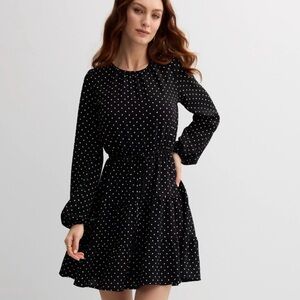 SMALL Draper James Black & White Polka Dot Dress, Long-Sleeve Fit & Flare, NWT